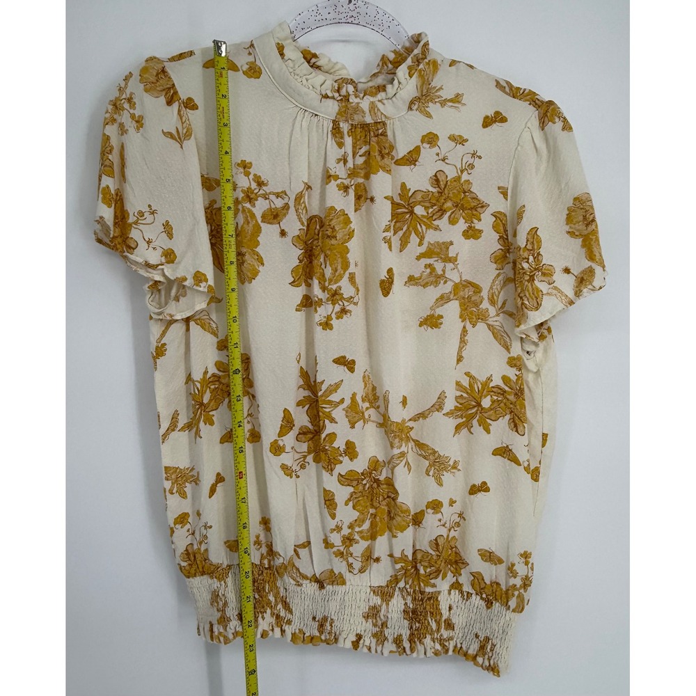 Rose + Olive Sz XL Mustard Yellow Floral Butterfly Smocked Hem Ruffle Blouse - Picture 2 of 8